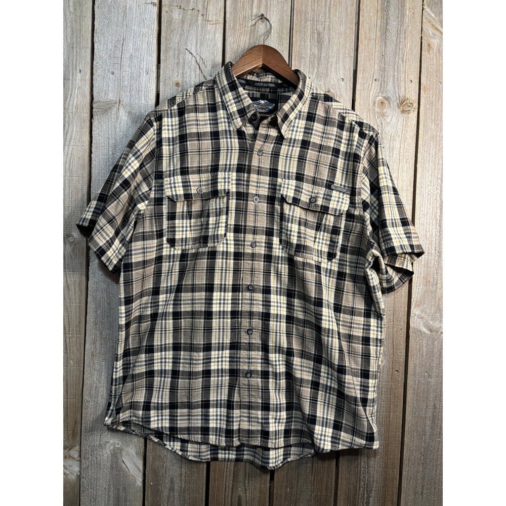 Harley-Davidson Mens XL Plaid Button Up Shirt Short Sleeve Tan Black 99047-13VM